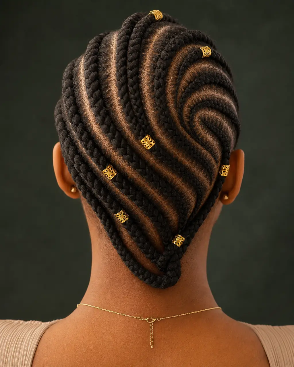 Intricate cornrows with gold cuffs, warm studio light