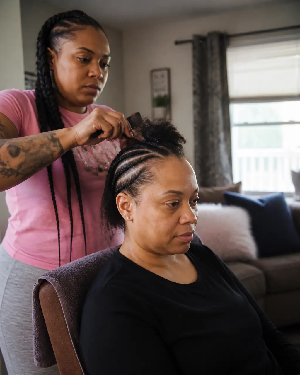 Braider smiling while finishing a client's neat braids in a bright living room