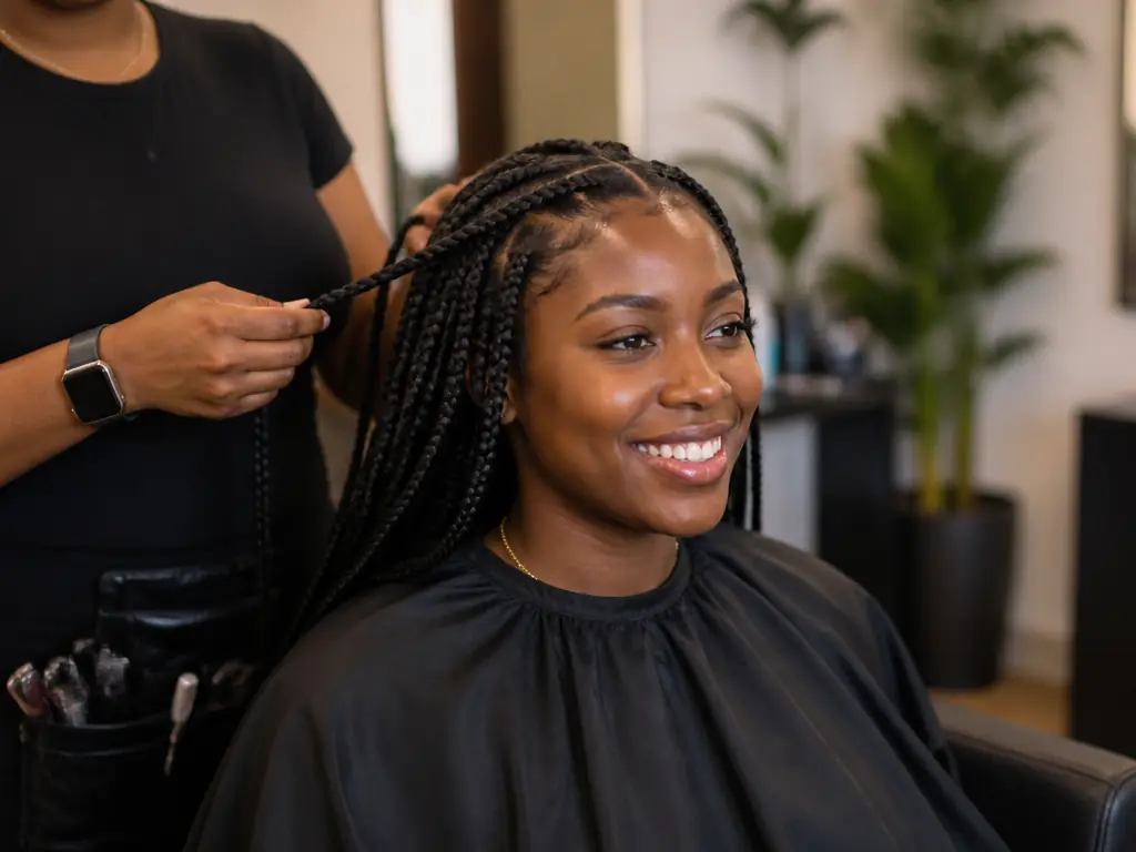 Smiling client comfortable while her braids are installed with gentle tension